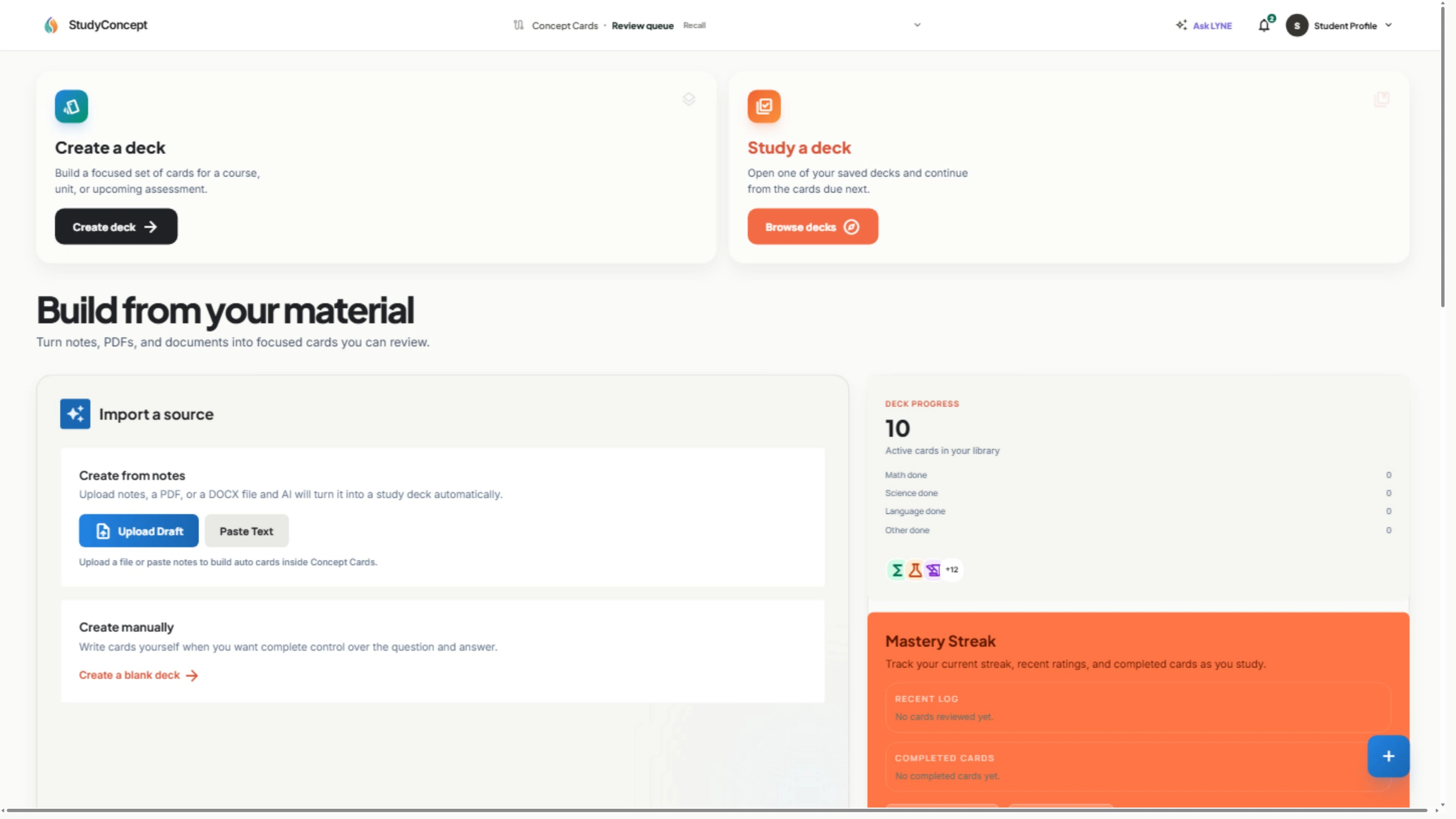 The Study Concept cards screen with fictional demonstration data