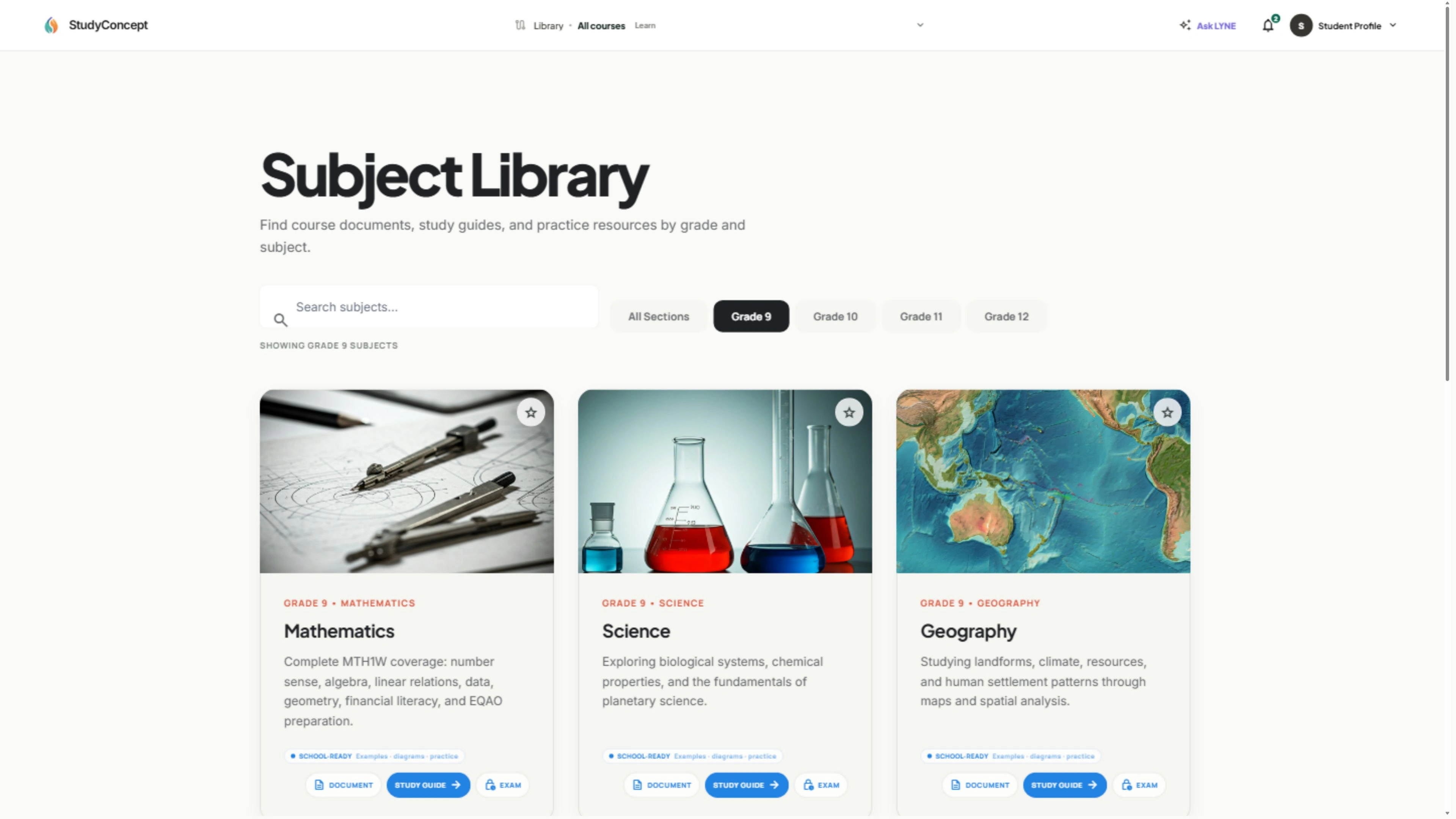 The Study Concept Course library — actual app screenshot