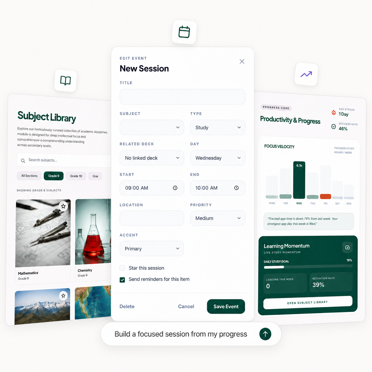 The Study Concept library, study-session planner, and learning analytics